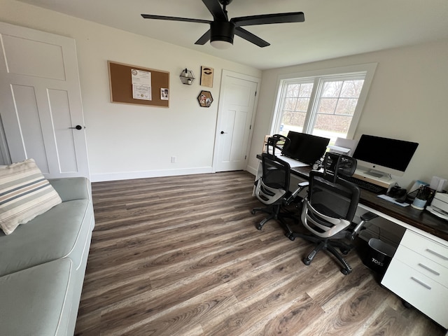 office area featuring ceiling fan, baseboards, and dark wood-style floors