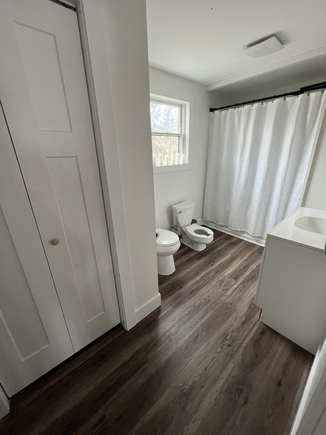 bathroom with toilet, vanity, wood finished floors, and curtained shower