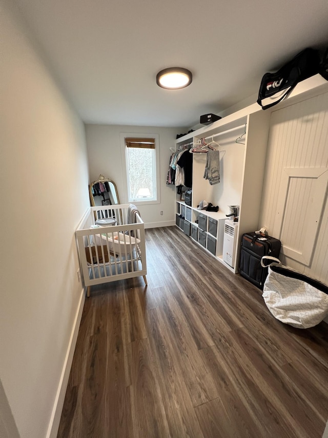 walk in closet with dark wood-type flooring