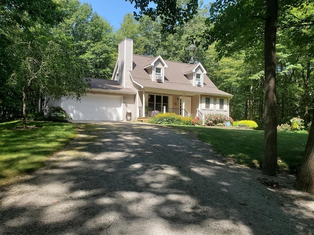 cape cod home featuring a front lawn, driveway, a porch, a chimney, and a garage