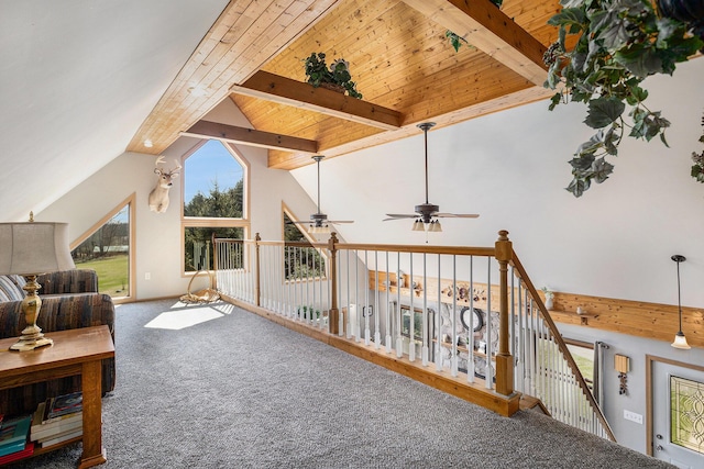 interior space featuring high vaulted ceiling, wood ceiling, ceiling fan, carpet flooring, and beam ceiling