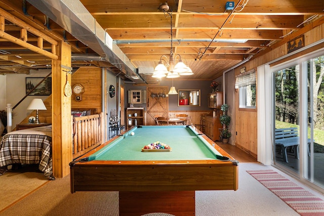 game room with carpet floors, billiards, and wooden walls