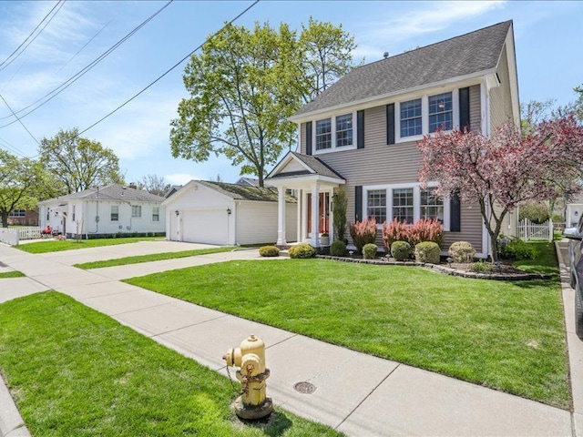 colonial-style house with a garage, a front lawn, fence, a shingled roof, and driveway