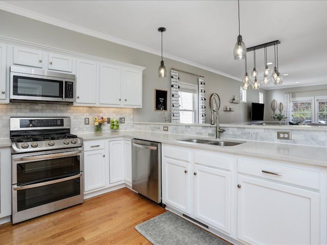 kitchen featuring plenty of natural light, a sink, ornamental molding, and stainless steel appliances