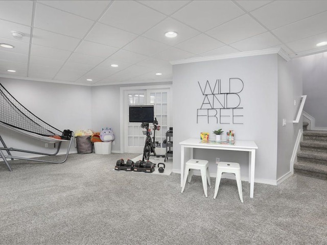 workout room with crown molding, recessed lighting, baseboards, and carpet floors