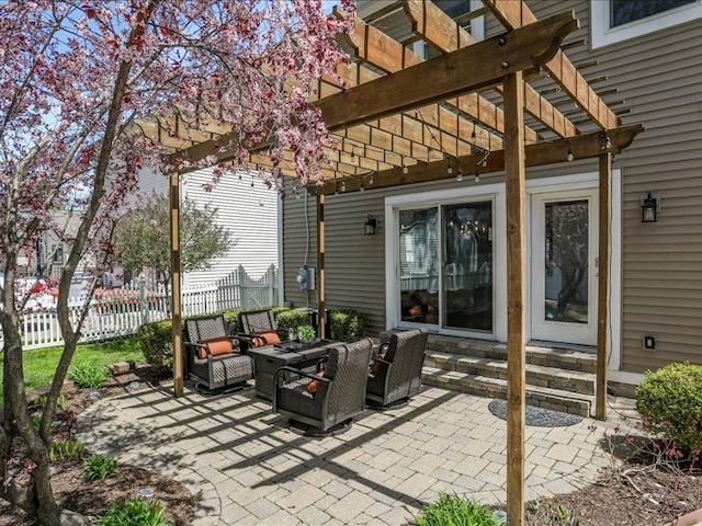 view of patio featuring outdoor lounge area, fence, a pergola, and entry steps