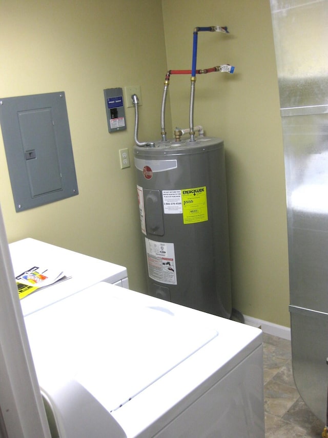 utilities featuring washing machine and dryer, electric panel, and water heater