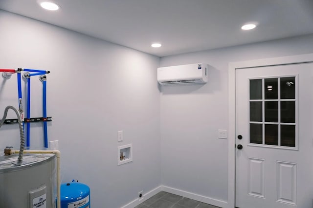 clothes washing area featuring a wall mounted AC, water heater, baseboards, laundry area, and recessed lighting
