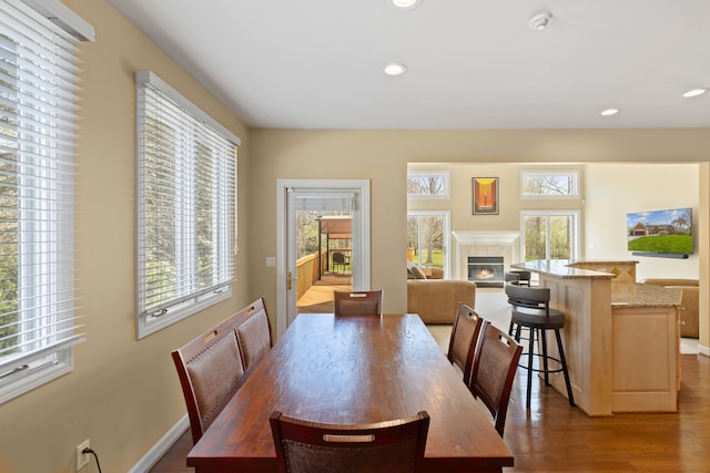 dining room featuring a glass covered fireplace, a healthy amount of sunlight, wood finished floors, and recessed lighting