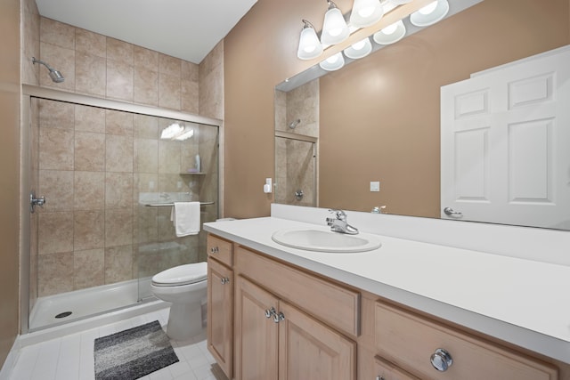 bathroom featuring toilet, vanity, a shower stall, and tile patterned flooring