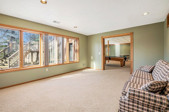 unfurnished room featuring pool table, baseboards, carpet flooring, and visible vents