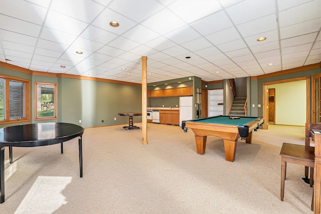 rec room featuring carpet flooring, a drop ceiling, pool table, and recessed lighting