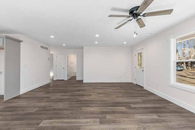 8995 Chippewa Trl, Howard City, MI 49329 - unfurnished living room with recessed lighting, visible vents, a ceiling fan, and baseboards