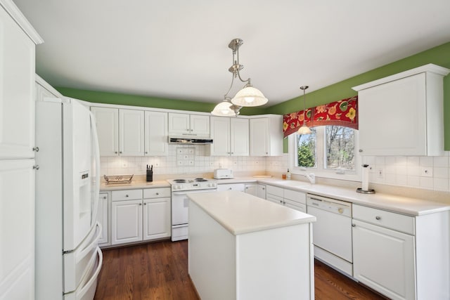 kitchen featuring white cabinetry, under cabinet range hood, white appliances, and tasteful backsplash