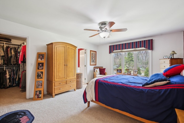 carpeted bedroom with a walk in closet, a ceiling fan, and a closet