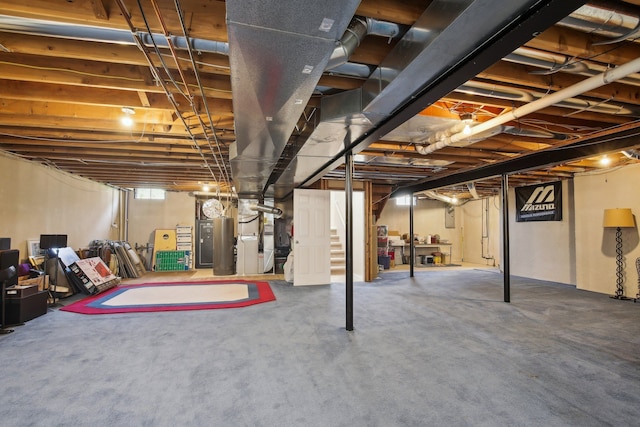 below grade area featuring carpet floors and heating unit