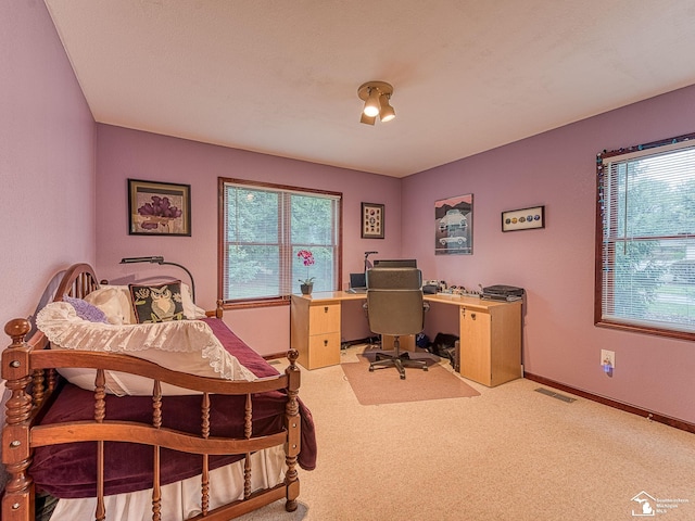 carpeted bedroom featuring baseboards, visible vents, and multiple windows