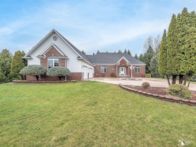single story home featuring an attached garage, brick siding, driveway, and a front yard