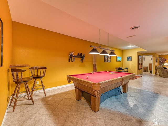 recreation room featuring baseboards, billiards, and visible vents