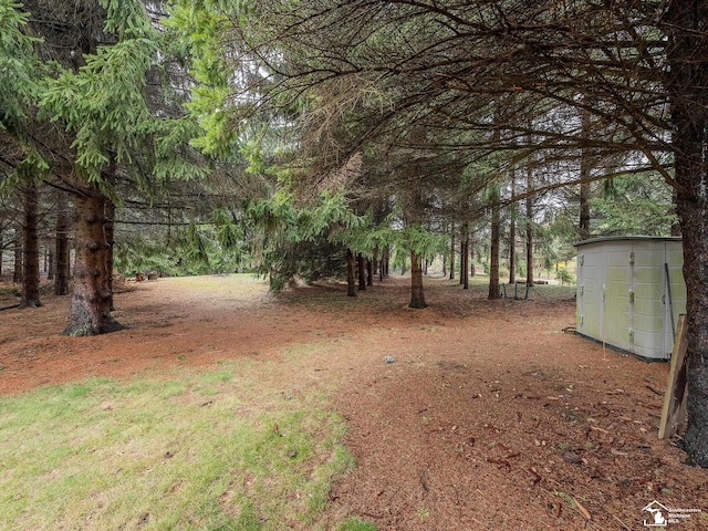 view of yard featuring a storage shed and an outbuilding