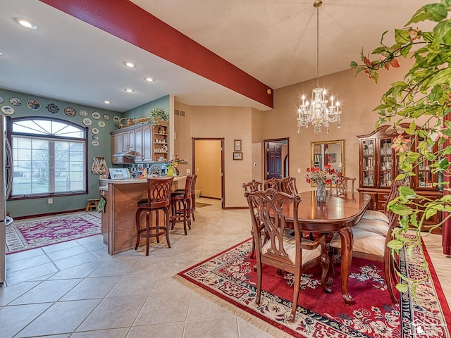 dining room featuring light tile patterned flooring, baseboards, visible vents, recessed lighting, and a notable chandelier