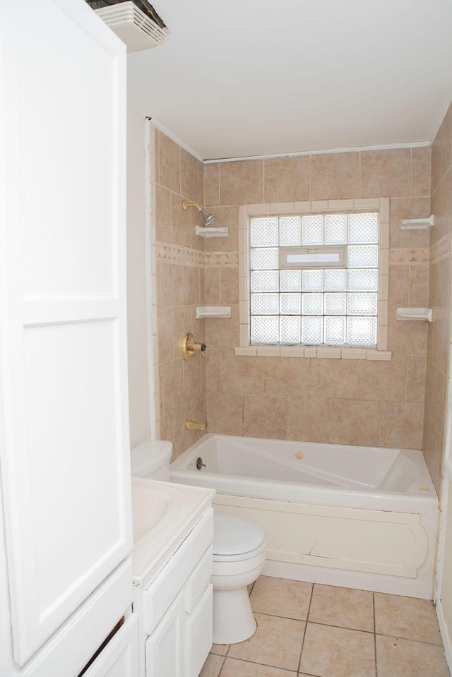 full bathroom with shower / bathing tub combination, vanity, tile patterned flooring, and toilet