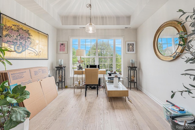 4311 Miracles Blvd Unit 22, Detroit, MI 48201 - dining area featuring light wood-type flooring, an office area, baseboards, and a raised ceiling