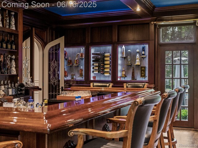 2010 W Valley Rd, Bloomfield Hills, MI 48304 - community bar area with crown molding, beam ceiling, and coffered ceiling