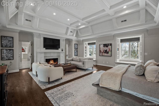 2010 W Valley Rd, Bloomfield Hills, MI 48304 - bedroom featuring coffered ceiling, a lit fireplace, ornamental molding, recessed lighting, and dark wood finished floors