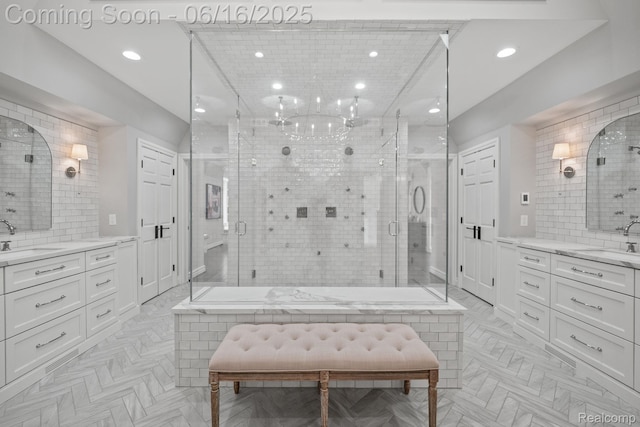 2010 W Valley Rd, Bloomfield Hills, MI 48304 - full bath featuring vanity, recessed lighting, a stall shower, and tasteful backsplash