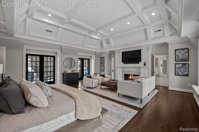2010 W Valley Rd, Bloomfield Hills, MI 48304 - bedroom with coffered ceiling, recessed lighting, a lit fireplace, crown molding, and dark wood finished floors