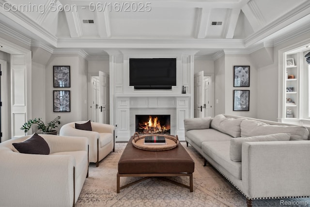 2010 W Valley Rd, Bloomfield Hills, MI 48304 - living area with a premium fireplace, ornamental molding, and beamed ceiling