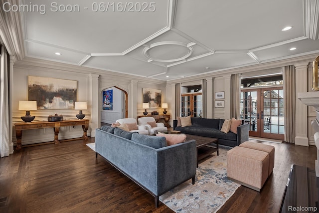 2010 W Valley Rd, Bloomfield Hills, MI 48304 - living area featuring coffered ceiling, french doors, ornamental molding, dark wood-type flooring, and recessed lighting
