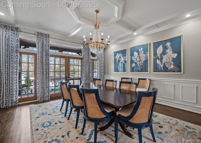 2010 W Valley Rd, Bloomfield Hills, MI 48304 - dining area featuring french doors, ornamental molding, wood finished floors, coffered ceiling, and a chandelier