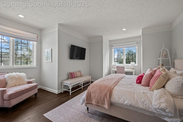 2010 W Valley Rd, Bloomfield Hills, MI 48304 - bedroom with dark wood-type flooring, ornamental molding, a textured ceiling, and recessed lighting