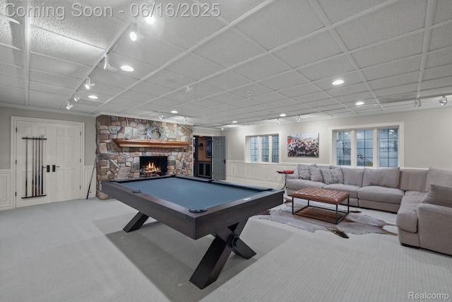 2010 W Valley Rd, Bloomfield Hills, MI 48304 - playroom featuring carpet floors, billiards, recessed lighting, a stone fireplace, and track lighting