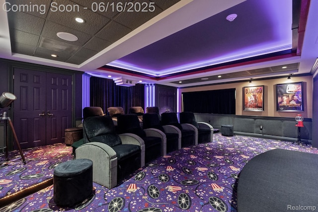 2010 W Valley Rd, Bloomfield Hills, MI 48304 - home theater featuring a raised ceiling, carpet floors, and crown molding