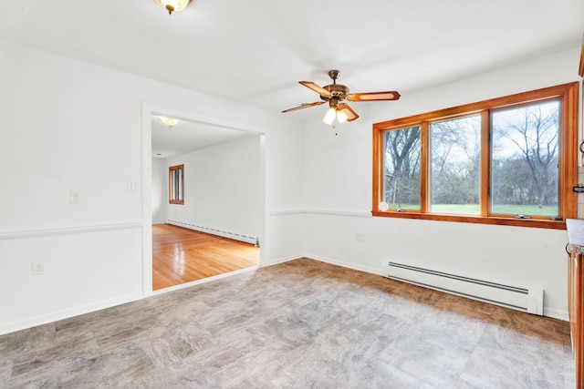 unfurnished room featuring baseboards, a baseboard radiator, and a ceiling fan
