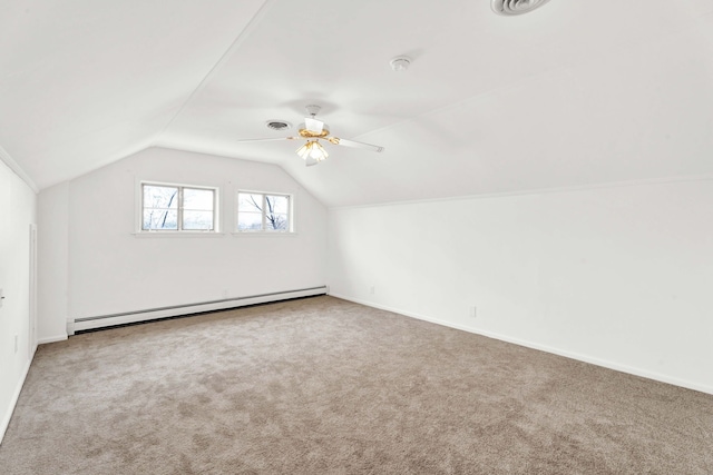 bonus room featuring carpet flooring, baseboard heating, and lofted ceiling