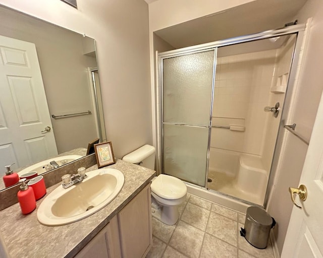 full bath featuring a shower stall, toilet, and vanity