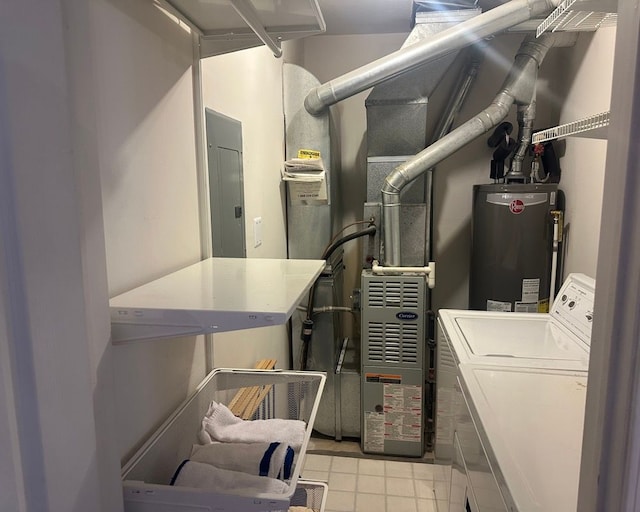 utility room with water heater, electric panel, and separate washer and dryer