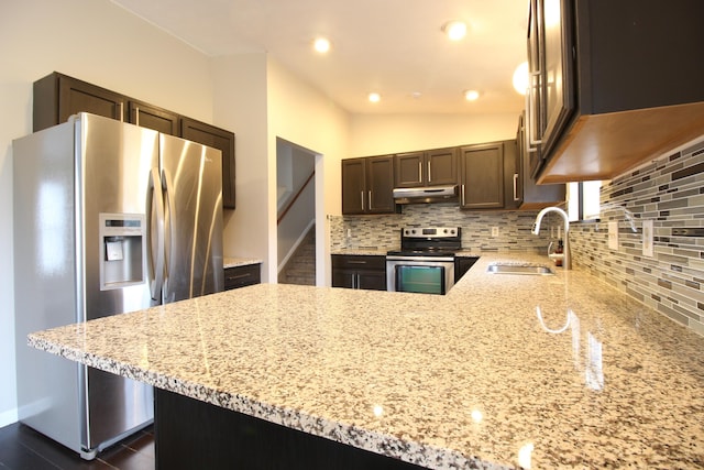 1154 Martin Dr, Frankfort, MI 49635 - kitchen with light stone counters, tasteful backsplash, a sink, stainless steel appliances, and under cabinet range hood