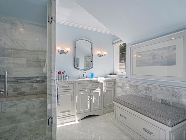 14165 Bournemuth Dr, Shelby Twp, MI 48315 - bathroom with a shower stall, marble finish floor, ornamental molding, and vanity