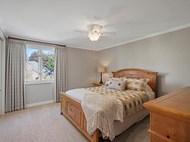 14165 Bournemuth Dr, Shelby Twp, MI 48315 - bedroom featuring a ceiling fan, baseboards, ornamental molding, and light colored carpet