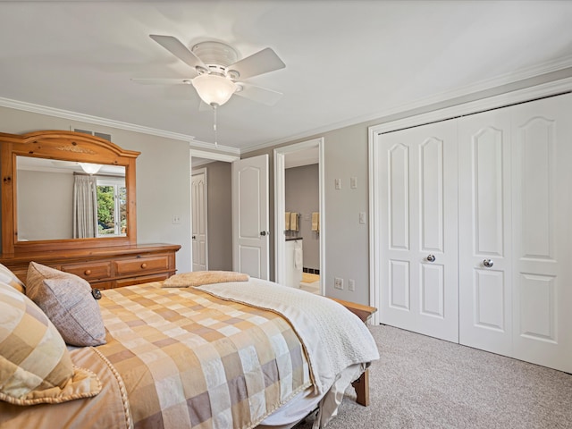 14165 Bournemuth Dr, Shelby Twp, MI 48315 - bedroom featuring carpet flooring, a closet, ceiling fan, and crown molding