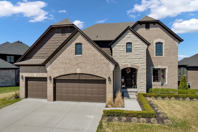 french country style house featuring brick siding, an attached garage, a front yard, and concrete driveway