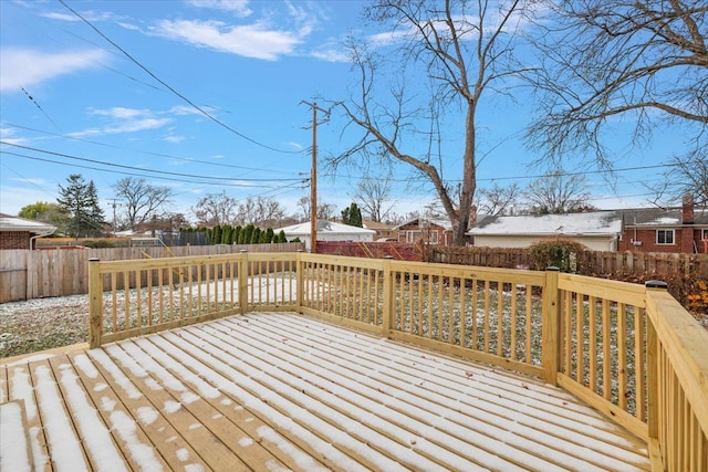 wooden terrace with a fenced backyard