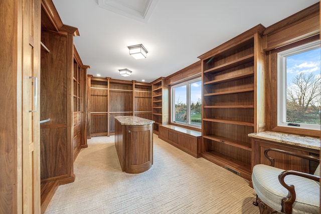 walk in closet featuring light colored carpet and visible vents