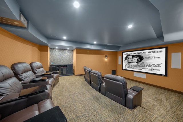 cinema room featuring baseboards, carpet flooring, and recessed lighting