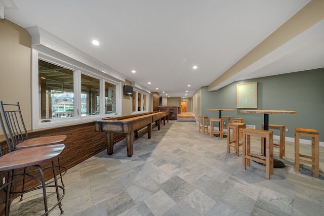 recreation room featuring a community bar, pool table, and recessed lighting